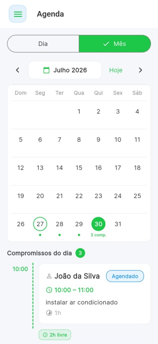 Tela real da visão mensal da agenda do Valeu