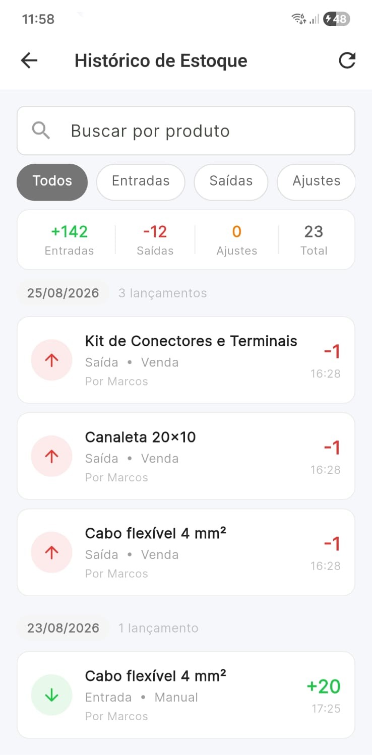 Tela real do histórico de estoque do Valeu
