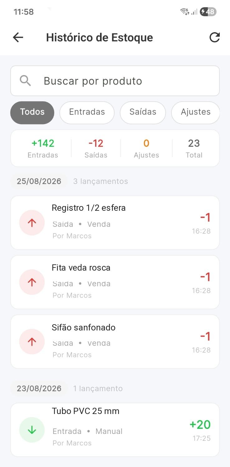 Tela real do histórico de estoque do Valeu