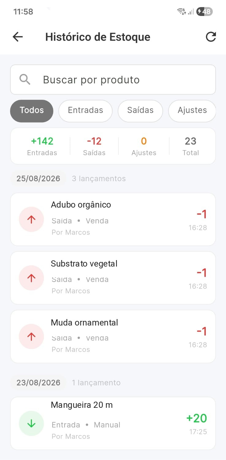 Tela real do histórico de estoque do Valeu