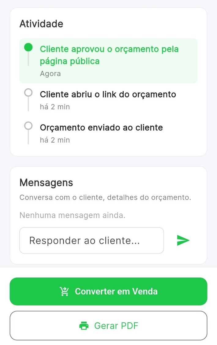 Atividade real do orçamento mostrando aprovação do cliente