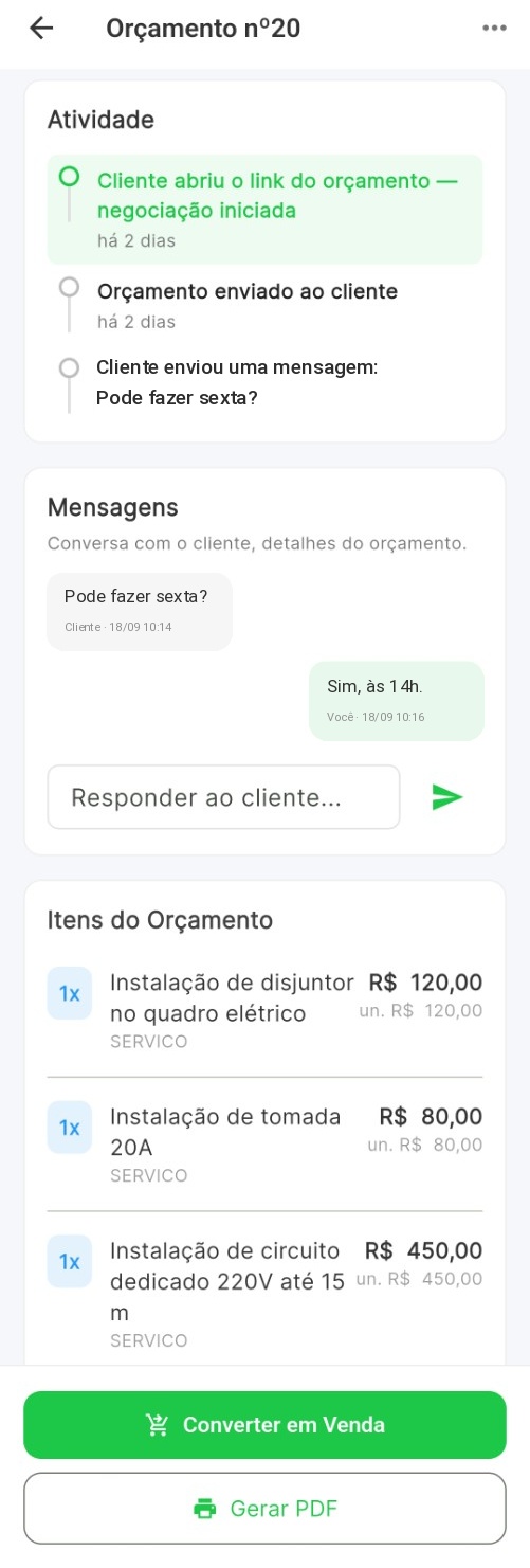 Atividade e mensagens vinculadas a um orçamento real no Valeu
