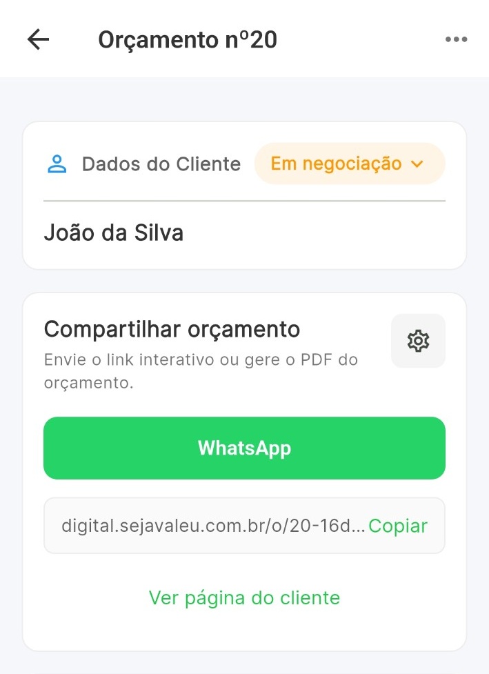 Tela real de orçamento do Valeu
