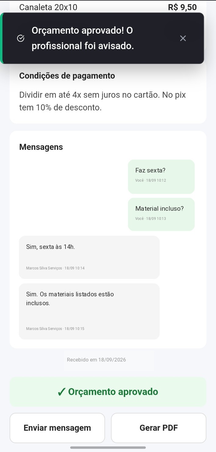 Lista real de orçamentos no Valeu