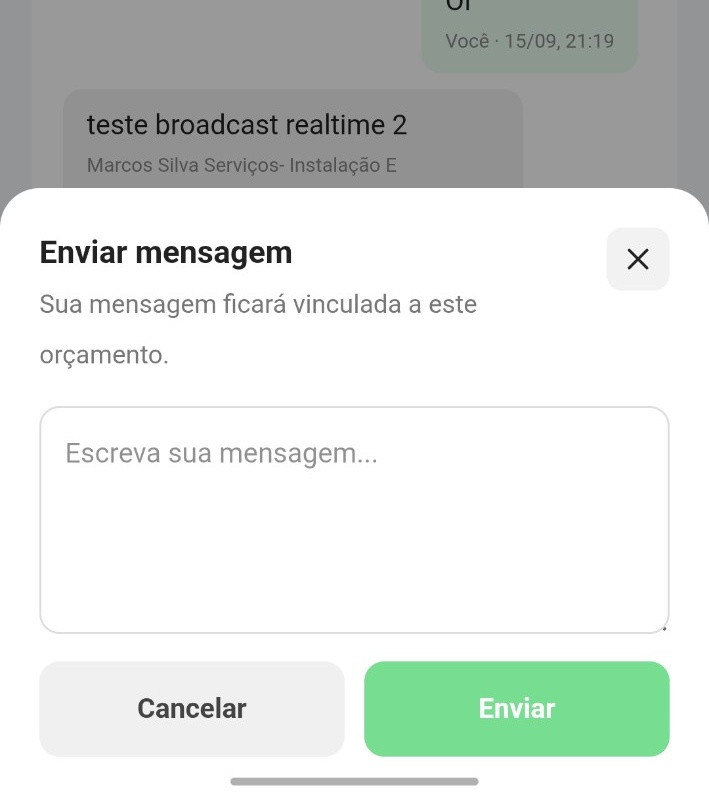 Tela real de envio de mensagem no orçamento digital Valeu