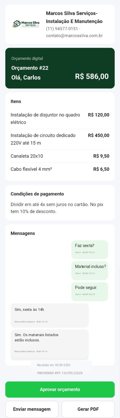 Tela real de orçamento do Valeu