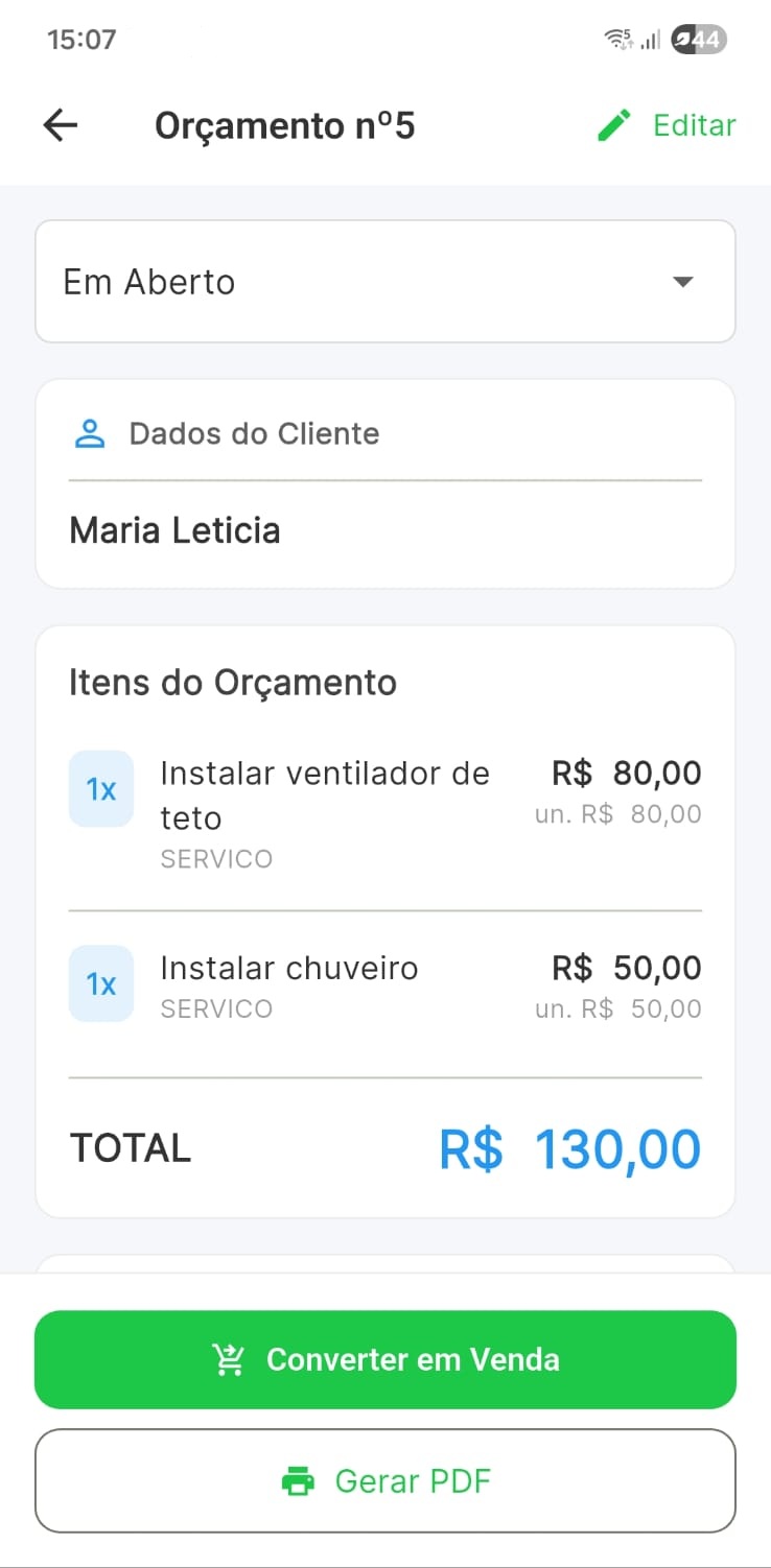 Tela de orçamento