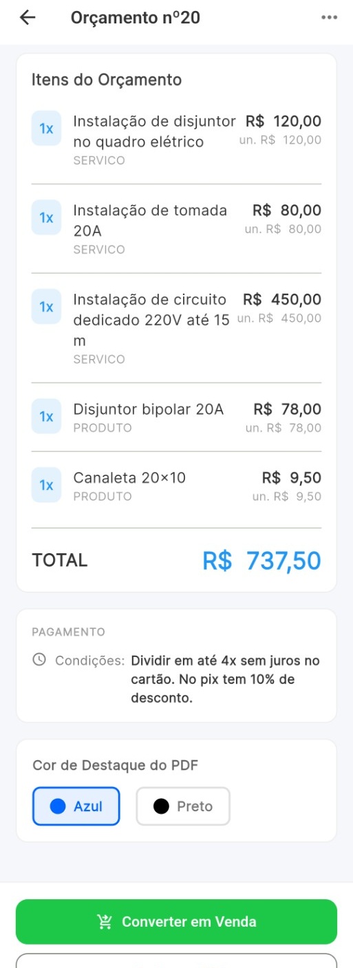 Itens, total e condições de pagamento em um orçamento real do Valeu