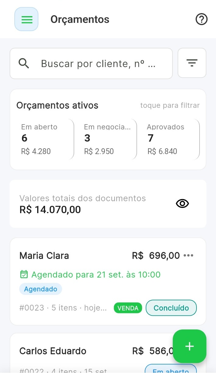 Lista real de orçamentos do Valeu