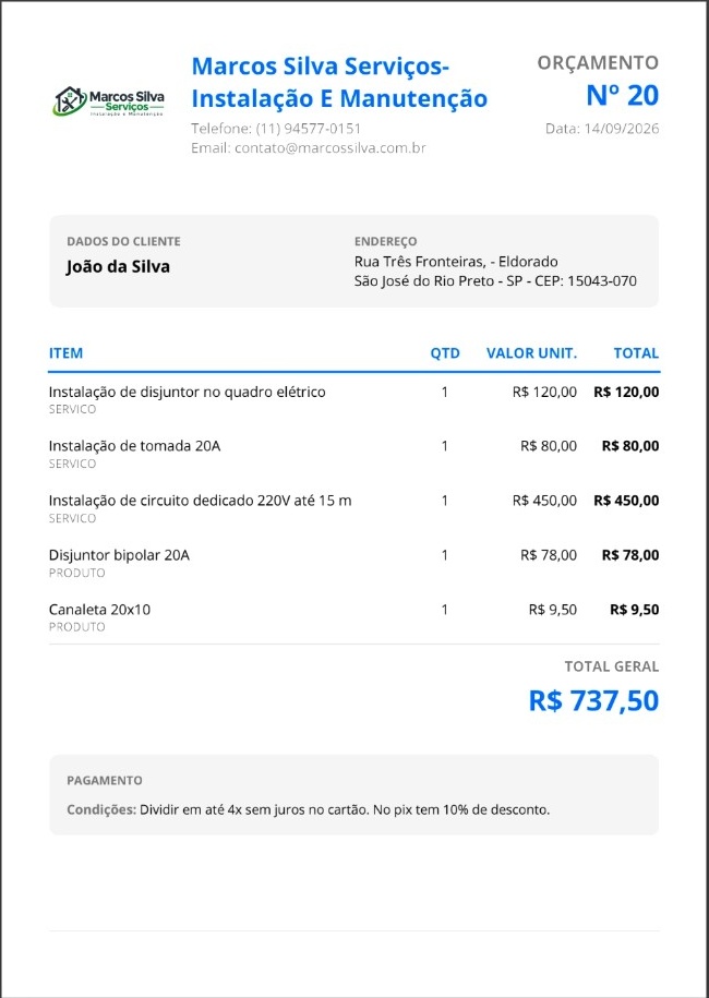 PDF real do orçamento gerado pelo Valeu