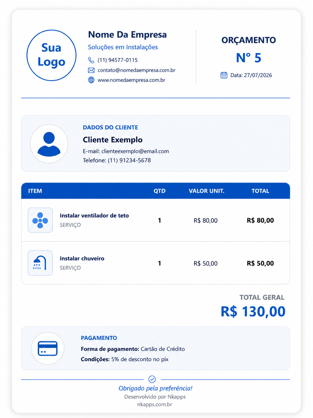 Exemplo de orçamento profissional criado pelo Fechou