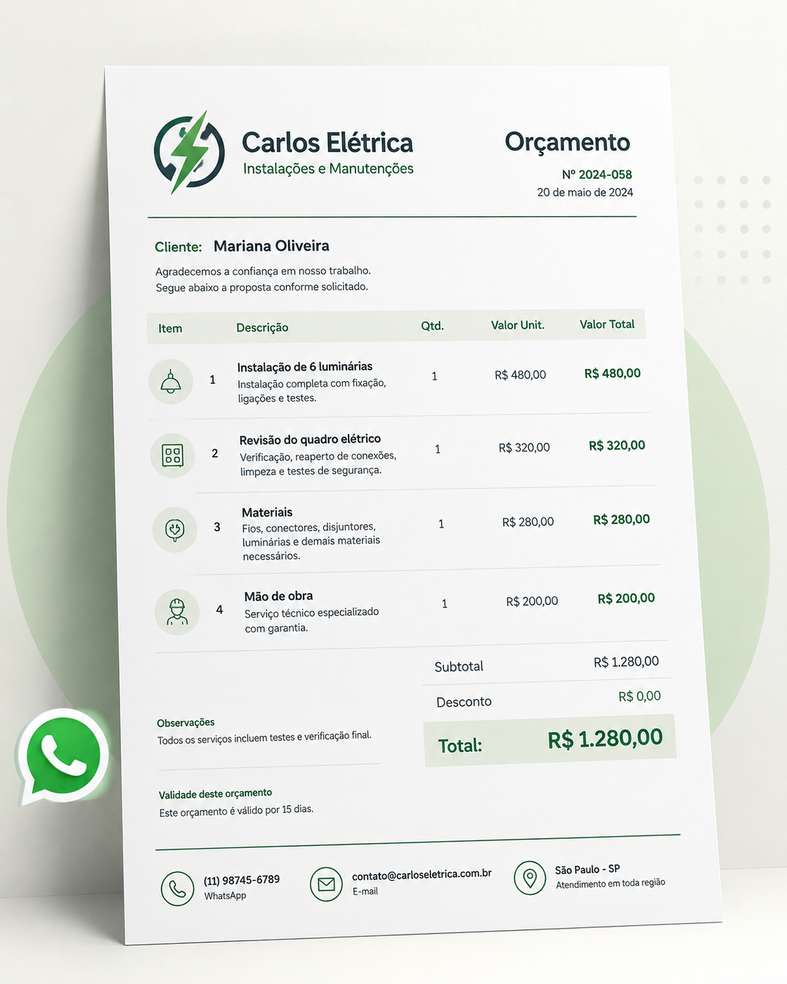 Exemplo de orçamento profissional criado pelo Valeu