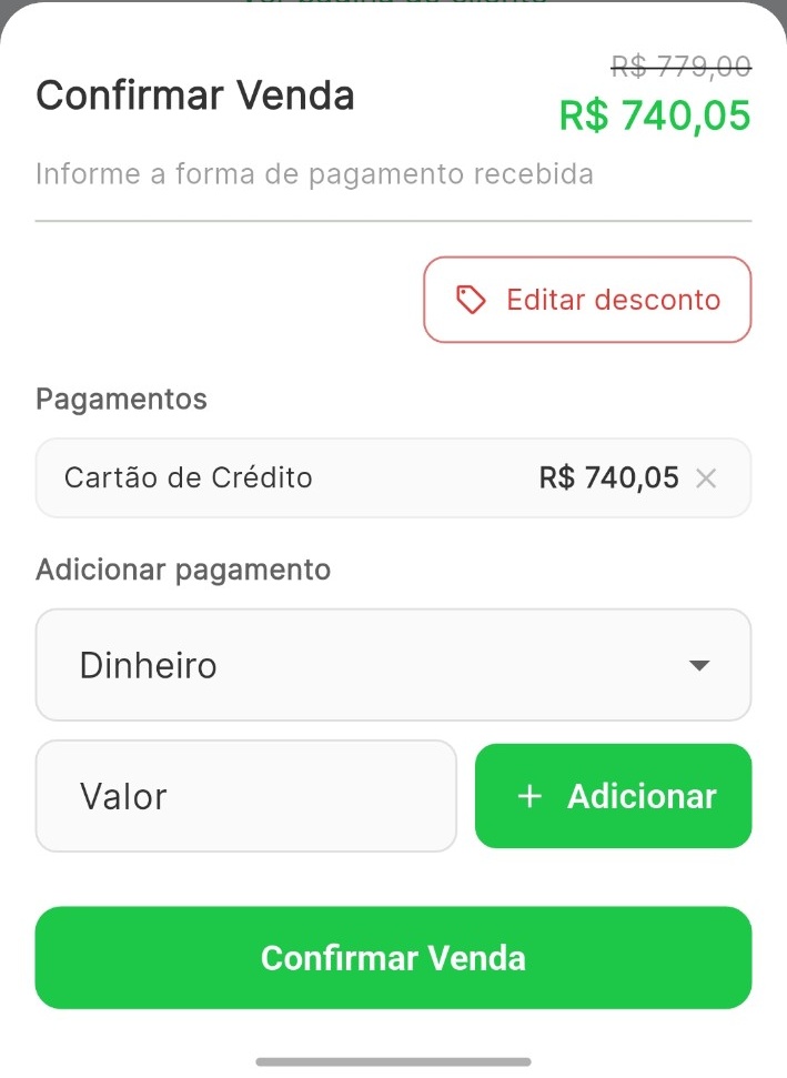 Tela real de finalização de venda do Valeu