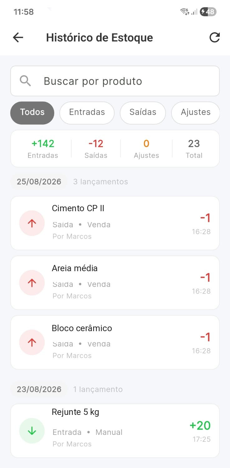 Tela real do histórico de estoque do Valeu