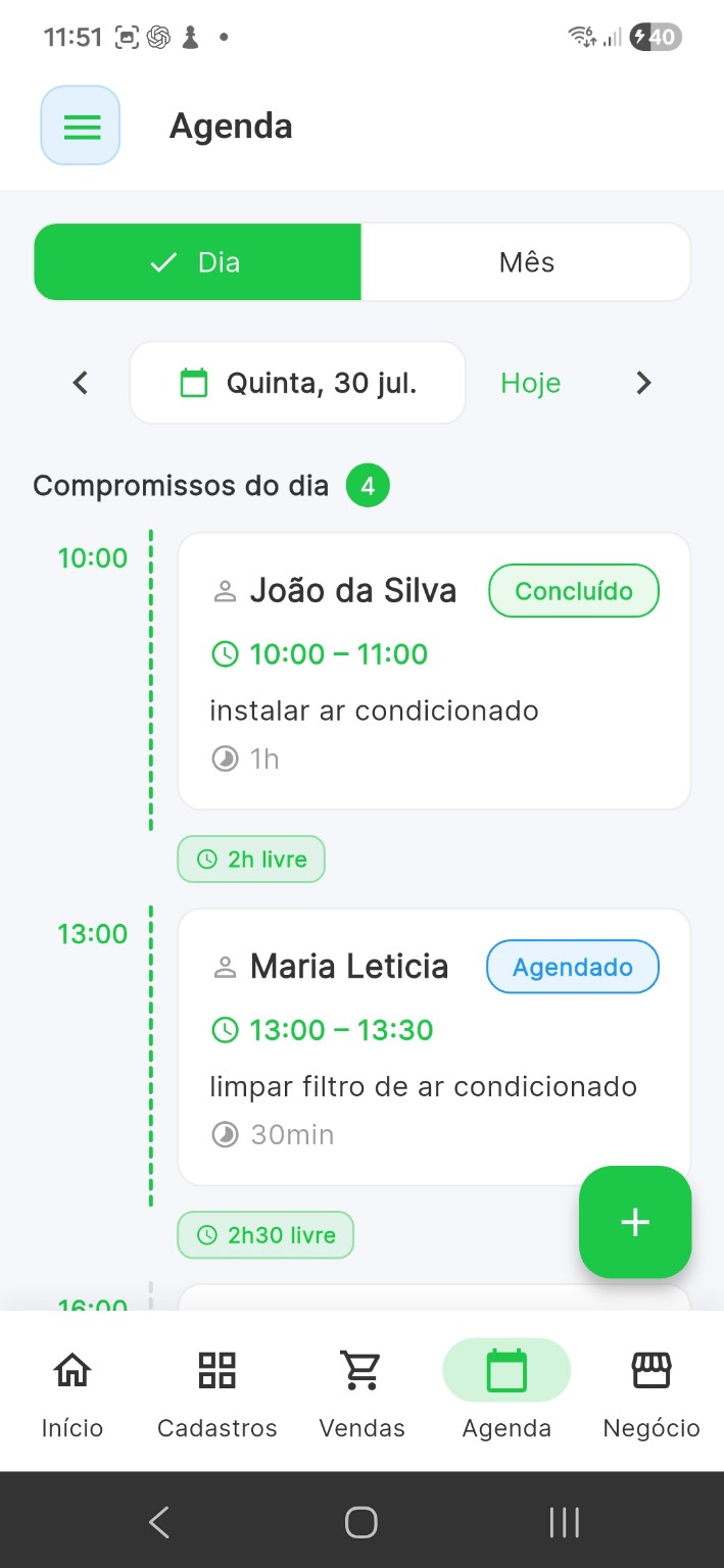Tela real da agenda do Valeu