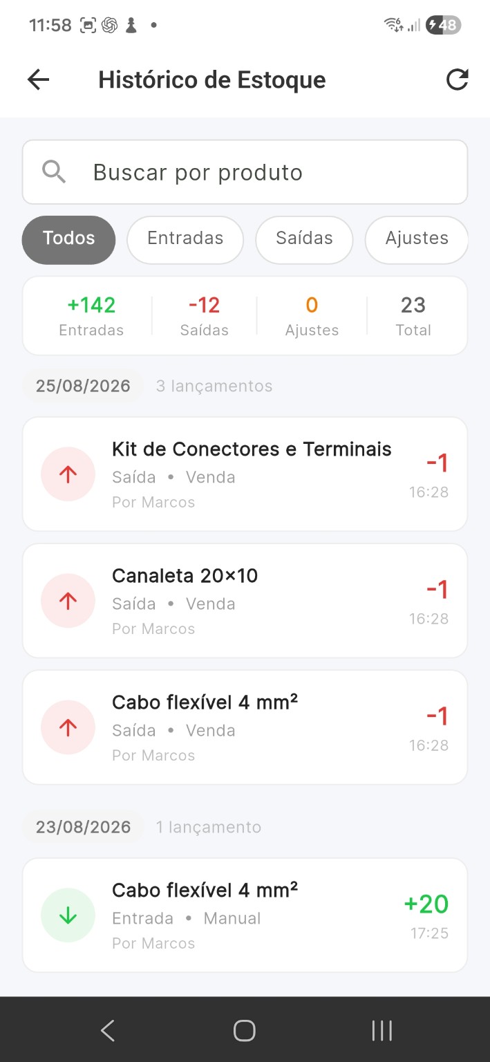 Tela real do histórico de estoque do Valeu